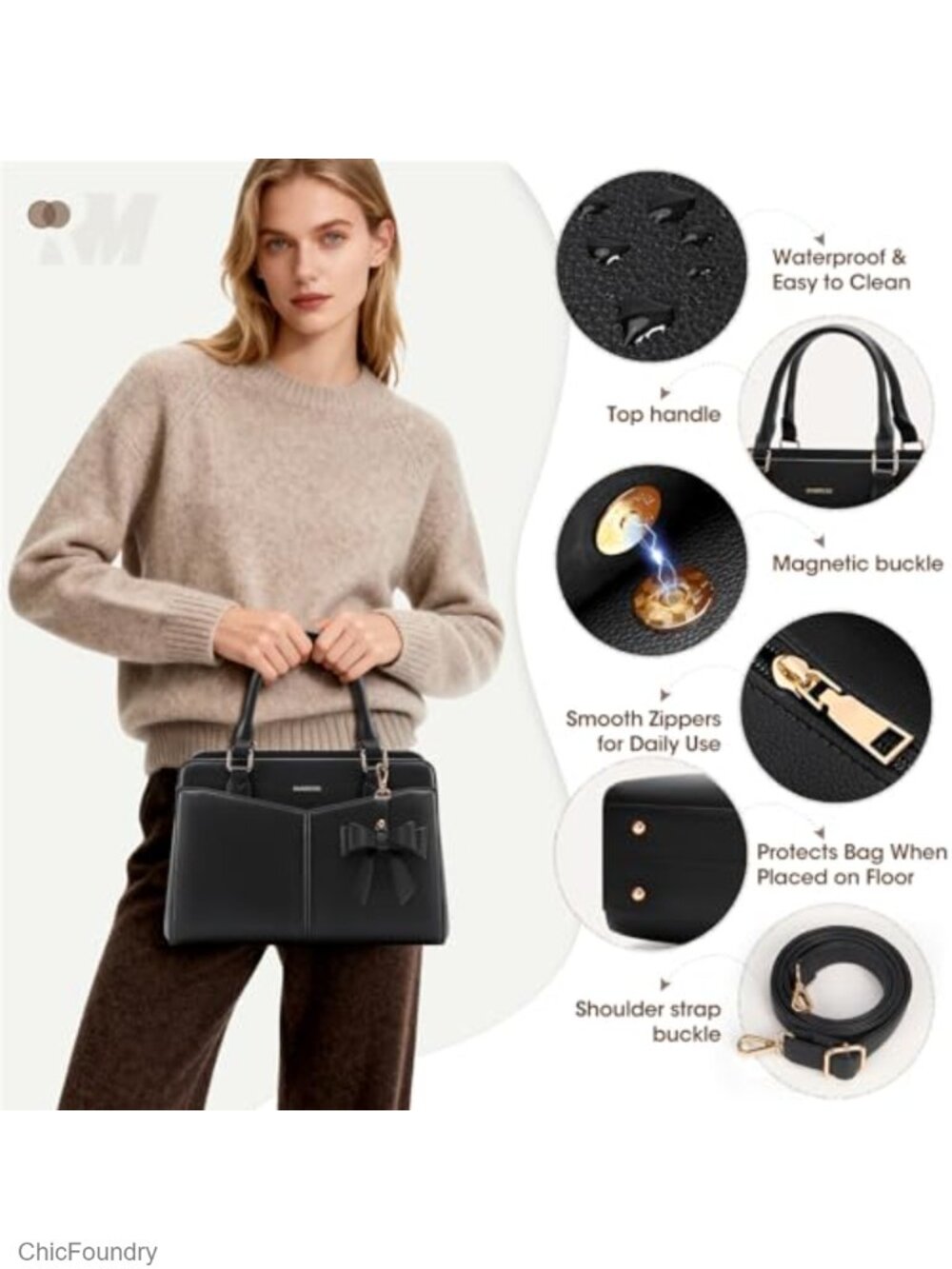 PU Leather Structured Satchel Handbag with Bowknot and Shoulder Strap, Fits - Picture 3 of 6
